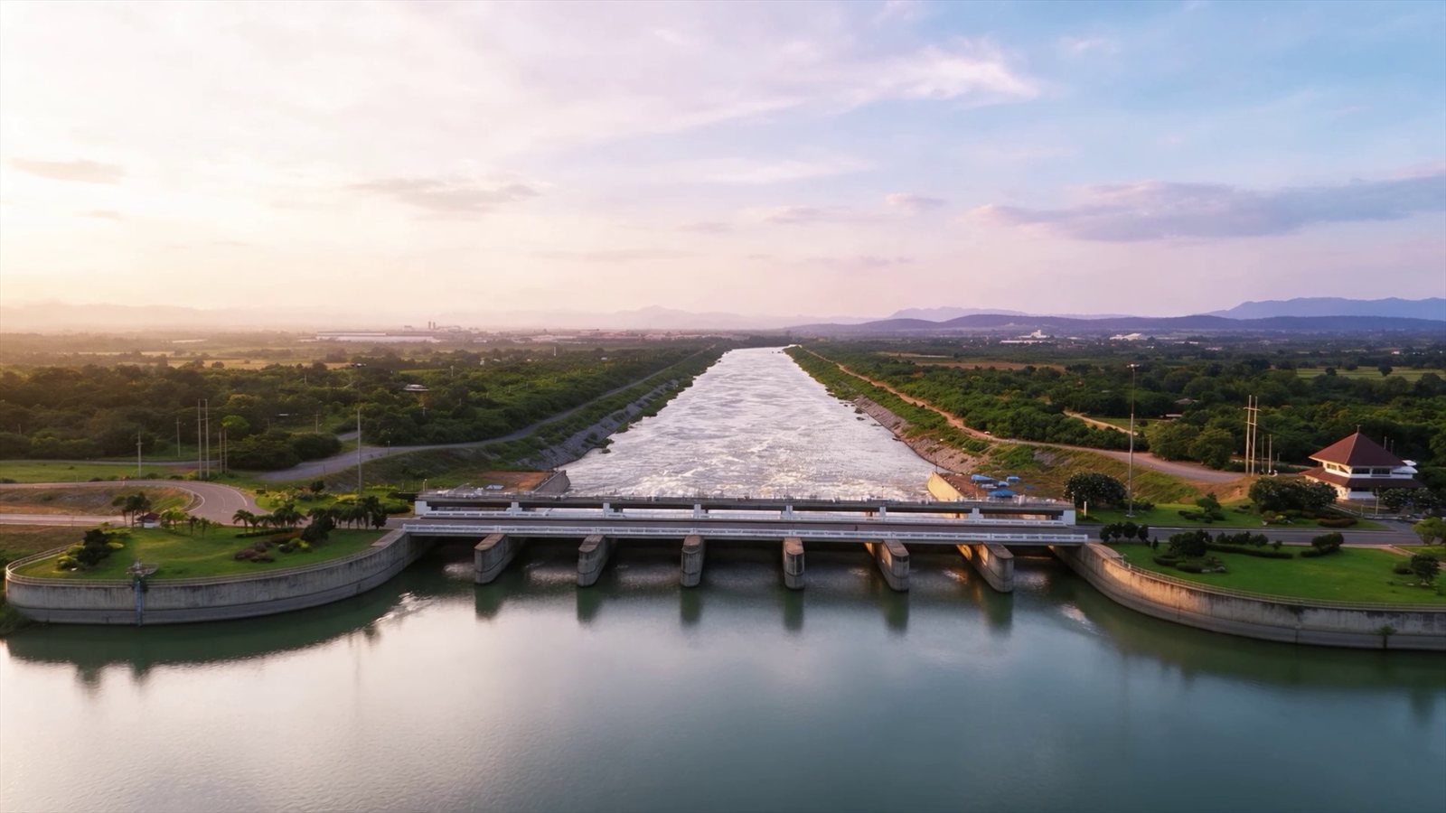 Aerial view of a dam and waterway in DAM BUILDER X