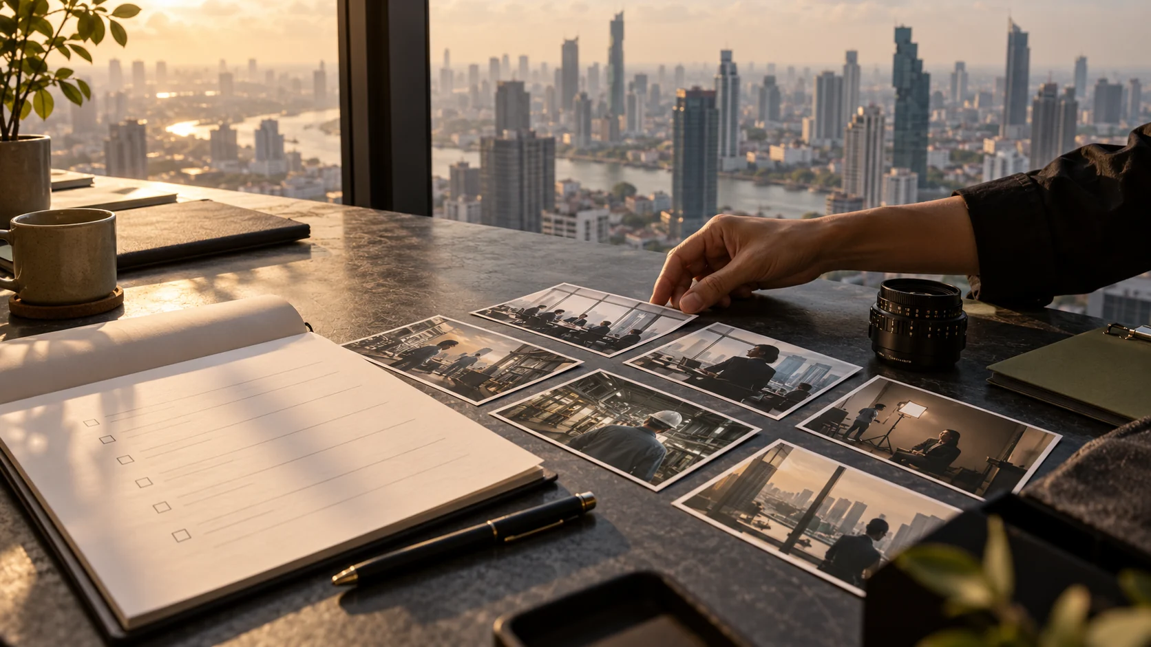 Production brief and storyboard photographs arranged on a desk overlooking Bangkok.
