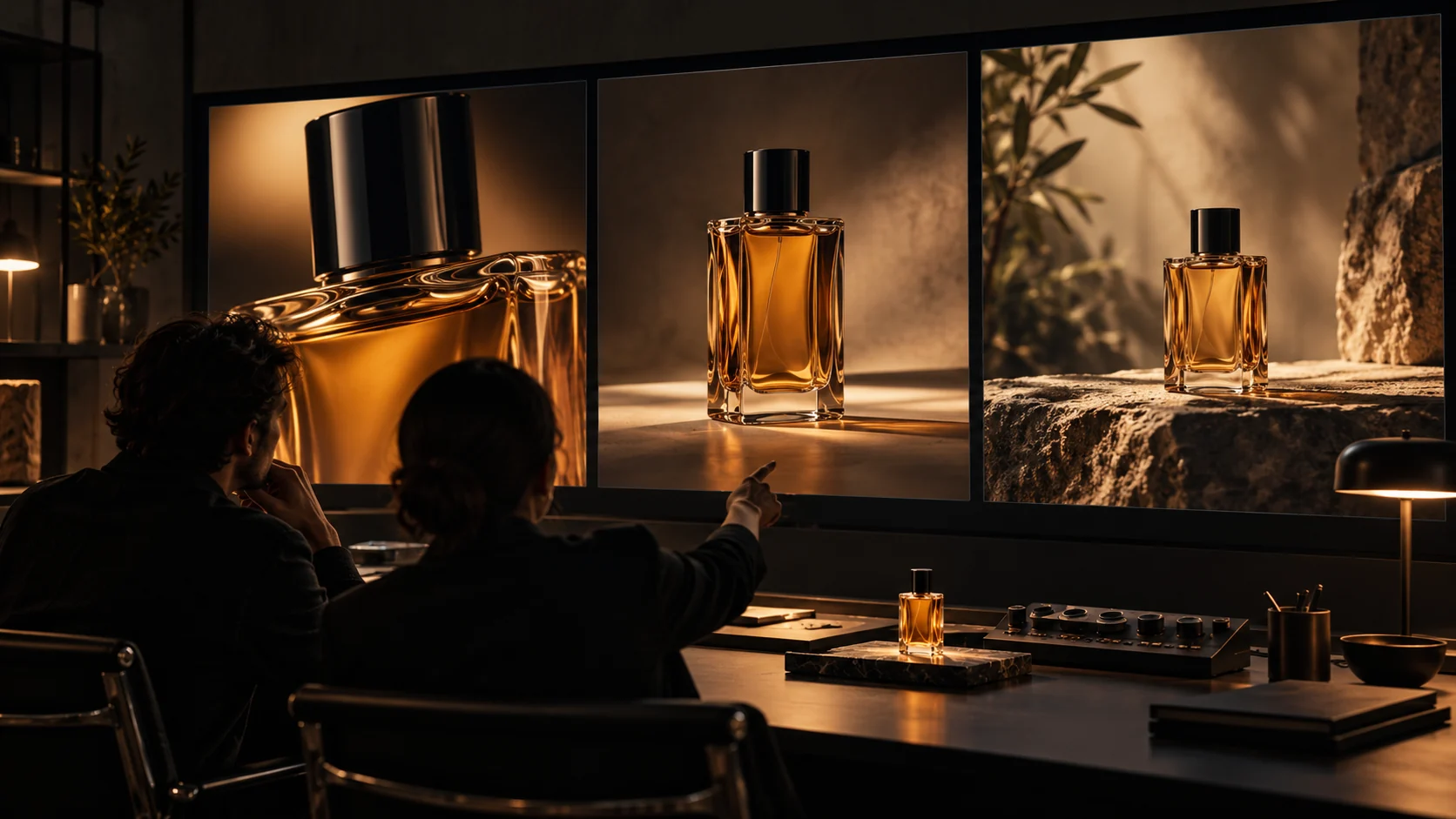 Creative directors review consistent product images across three studio displays.