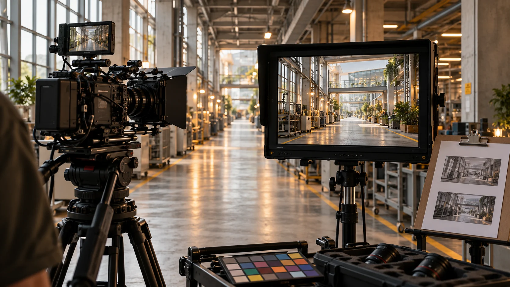 Cinema camera, reference chart and field monitor on an industrial film set.