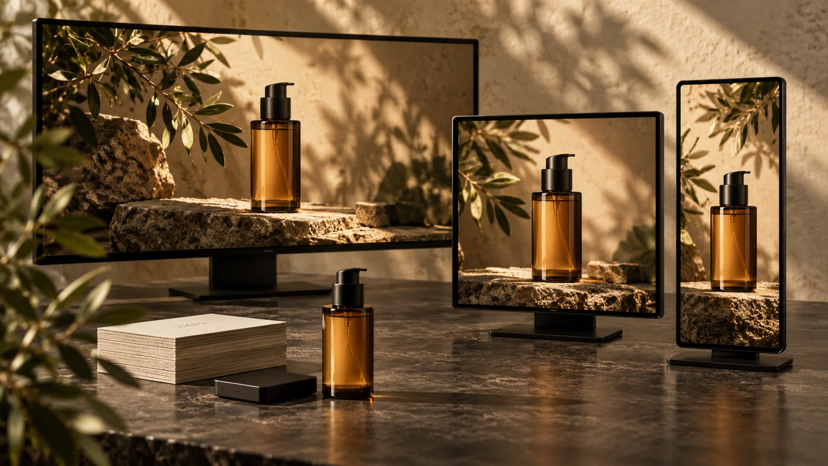 Amber product bottle presented in landscape, square and portrait screen compositions.