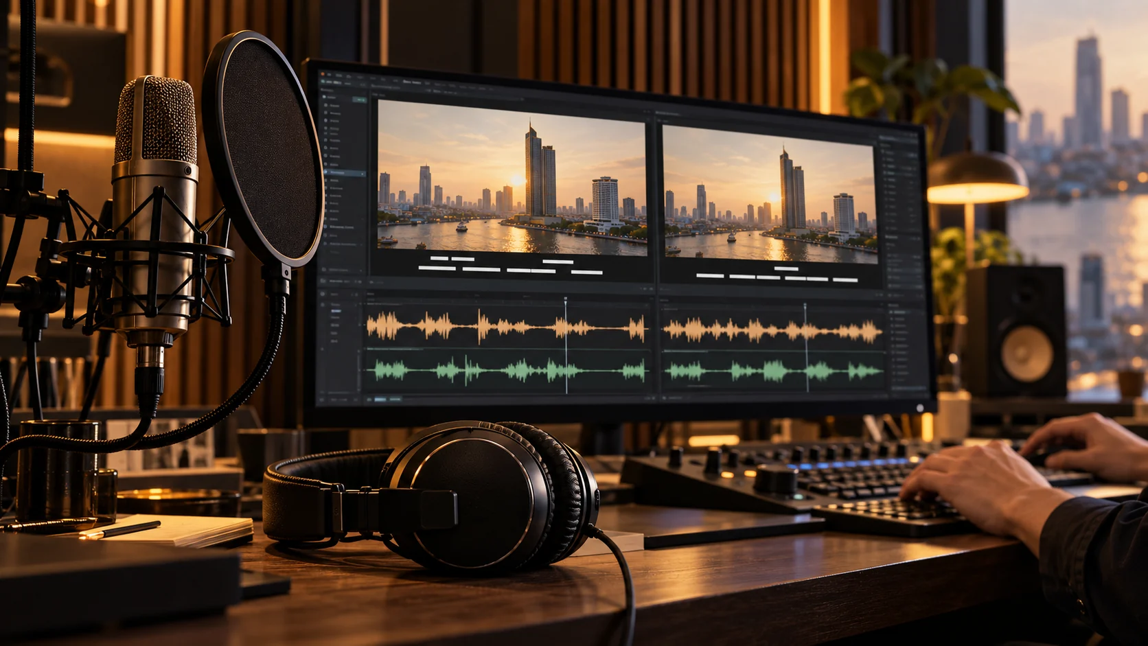 Voiceover microphone and editing monitor showing two versions of a Bangkok video.